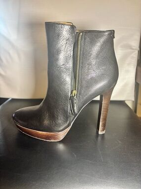 Coach Black Leather High Heel Ankle Boot with Wood-Look Platform
